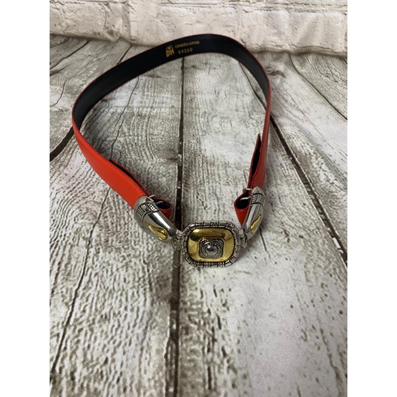 Women's Red Boho Western Leather Belt, Gold Silver Tone Buckle, 31 inches - Picture 5 of 5